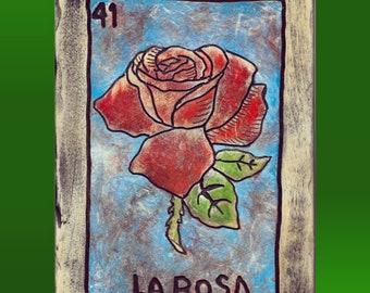 La Rosa Loteria, Handmade wood decor, carved and painted, Rose plaque, Relief Sculpture (Made to Order - Free Shipping)