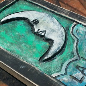 La Luna, Loteria, handmade, wooden wall art, hand painted, moon wood carving (Made to Order - Free Shipping)