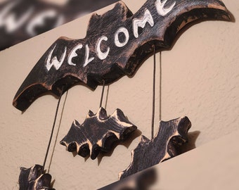 Bat, handmade wooden Welcome sign, chime mobile (Free Shipping - Made to Order)