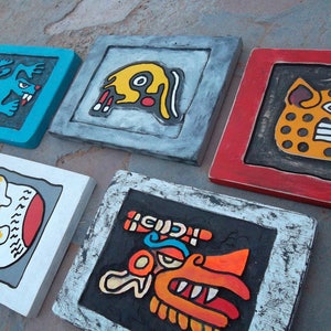 Aztec design, wooden wall art set, Lizard, Rabbit, Cheetah, Skull, Wind, carved & painted decor (Made to Order - Free Shipping)