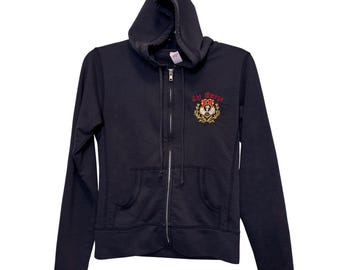 Vintage HYP dames hoodie met rits, maat S, zwart, Chi Omega Paisley, Griekse studentenvereniging.