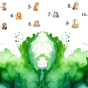 Könnte beinhalten: Aquarellillustrationen verschiedener Safari-Tiere, darunter ein Zebra, ein Erdmännchen, ein Affe, ein Löwe, ein Gepard, ein Tiger, ein Nilpferd, eine Giraffe und ein Elefant. Die Tiere sind mit ihren Jungen vor einem weißen Hintergrund mit grünen Aquarellakzenten dargestellt.