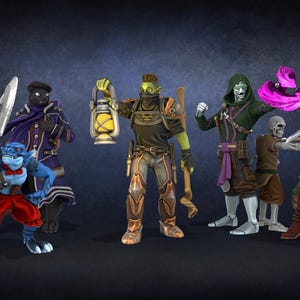 Op de afbeelding: Een groep fantasiekarakterfiguren, elk met unieke ontwerpen en kostuums. De personages zijn onder meer een blauw wezen met een groot zwaard, een figuur met een lantaarn en een personage met een groene cape. De figuren staan tegen een donkere achtergrond.