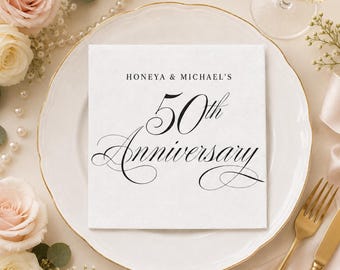 Personalized 50th Anniversary Napkins, Golden Wedding Cocktail Napkins, Custom Couple Names, Elegant Party Decor