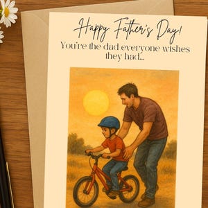 Carte de fête des pères imprimable au format PDF - pliée 5 x 7 - carte sentimentale balade à vélo pour papa - téléchargement immédiat - carte de voeux DIY A7