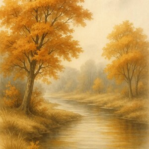 Golden Autumn River Landscape Wall Art Print – Serene Fall Forest Nature Decor, Printable Watercolor Painting for Cozy Home Styling