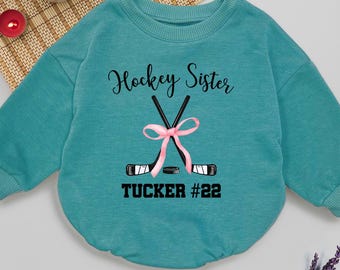 Personalized Hockey Sister Romper, Custom Baby Bodysuit With Pink Bow, Future Hockey Fan Outfit, Newborn Gift, Little Sister Onesie