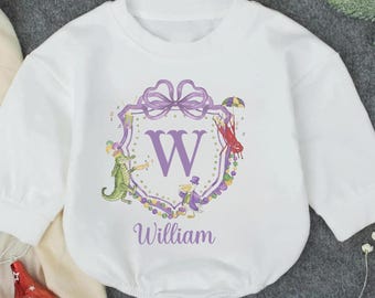 Personalized Mardi Gras Baby Romper, Carnival Matching Baby Bodysuit, Custom Name New Orleans Baby Outfit, Newborn Gift Keepsake