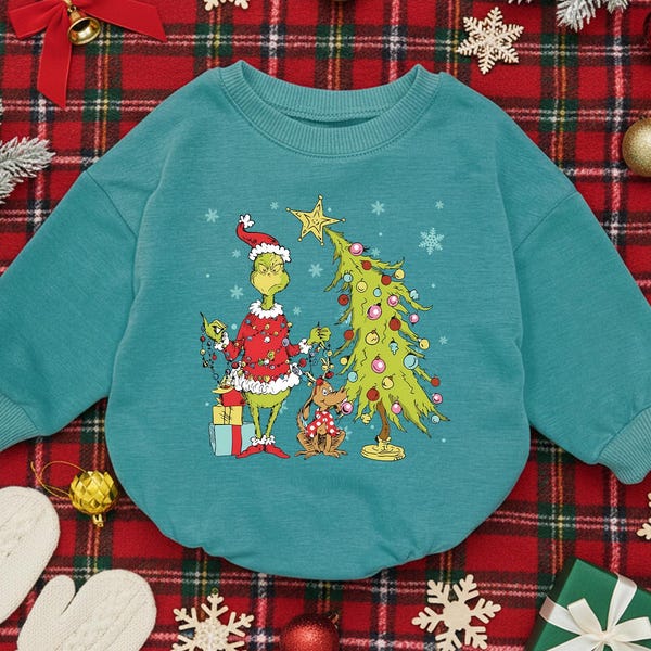 Funny Grinch Christmas Baby Romper, Holiday Movie Themed Bodysuit, My First Christmas Baby Outfit, Funny Character Jumpsuit For Baby