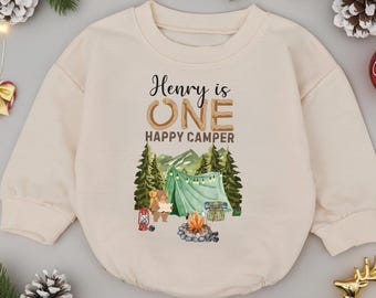 Personalized One Happy Camper Baby Sweatshirt, 1st Birthday Shirt, Happy Camper Clothes, Camping Theme Kids Apparel, Outdoor Adventure Gift