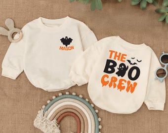 Personalized The Boo Crew Romper, Baby Halloween Outfit, Baby Creepy Ghost Romper, Spooky Bat Baby Clothes, Trick Or Treat Baby Bodysuit