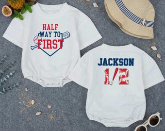 Personalized Half Way To First Birthday Baseball Outfit, Matching Baby Bodysuit, 1/2 Birthday Party Baby Romper, Game Day Baby Bodysuit