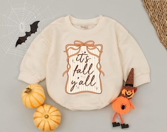 It&#39;s Fall Y&#39;all Bow Bubble Romper, Preppy Retro Seersucker Babysuit, Girly Whimsical Autumn Outfit, Thanksgiving Baby Clothes