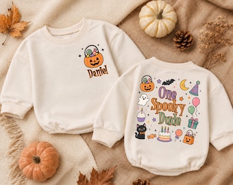 Personalized Halloween Baby Sweatshirt, Custom Name Spooky Shirt, Cute Pumpkin Ghost Outfit, Fall Halloween Gift for Kids