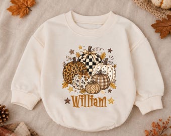 Personalized Baby Boy Fall Romper, Pumpkin Thanksgiving Outfit, Custom Name Baby Shower Gift, Autumn Infant Bodysuit