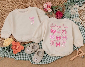 God zegt dat ik roze ben - Rompertje met strik, Christelijk babypakje, Kraamcadeau, Cadeaus voor christelijke meisjes, Babyoutfit voor meisjes, Religieus shirt voor kinderen
