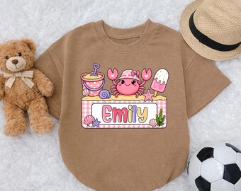 Personalized Beach Crab Baby Romper, Custom Name Baby Bodysuit, Summer Toddler Outfit, Cute Crab Romper, Beach Vacation Baby Gift