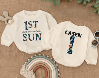Outer Space 1st Baby Sweatshirt, First Trip Around The Sun Outfit, Personalized Baby Clothes, Newborn Gift, Custom Name Baby Bodysuit