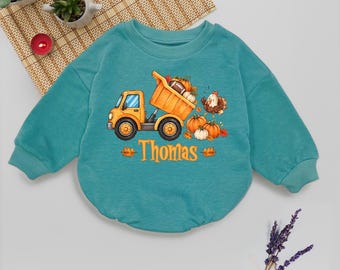 Personalized Fall Baby Romper, Pumpkin Truck Baby Boy Outfit, Thanksgiving Baby Outfit, Custom Name Romper, Autumn Baby Gift
