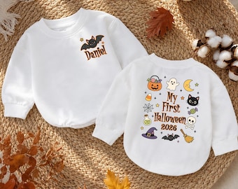 Personalized Baby Halloween Romper, My First Halloween 2026, Baby Halloween Outfit, Custom Name Pumpkin Ghost Bat Romper, Fall Baby Gift