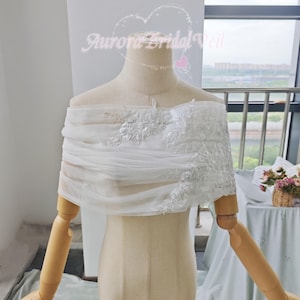 Embroidered Tulle Bridal Shawl Off - the - Shoulder Wedding Wrap Romantic Bridal Embroidery Cape Delicate Tulle Bridal Cover - Up