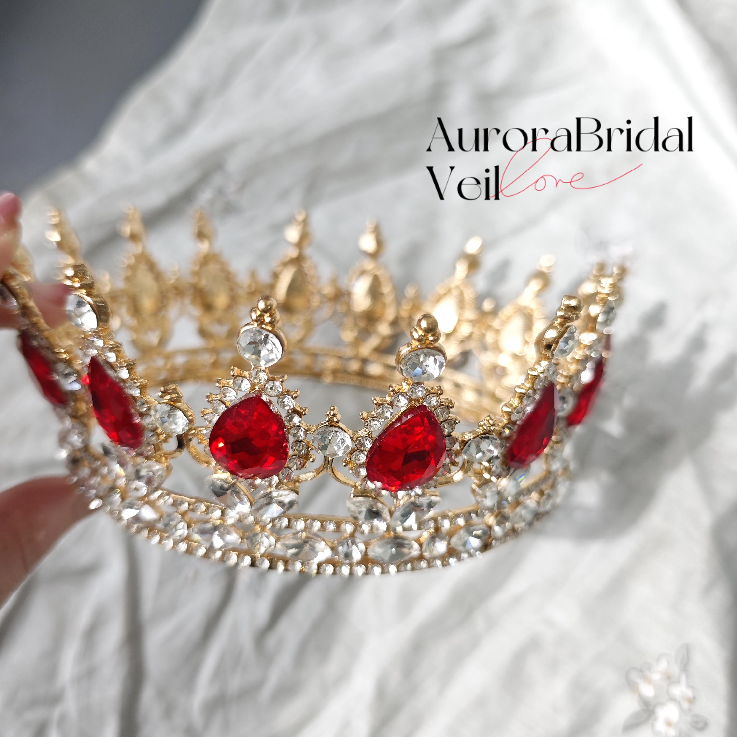 Quinceanera Crown, Ruby Rhinestone Crown, Large Size Crown, Gold Crystal Crown Red Ruby Crown Quince - Etsy main image 4