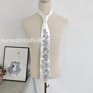 Lilac Rose Wedding Necktie, Groom&#39;s Floral Embroidered Tie, Purple Blossom Wedding Tie For Man, Floral Groom Necktie, Lilac Flower Groom Tie