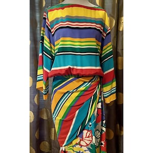 Vintage Silk Oscar De la Renta Dress - Stripes, Floral, Studio Collection, Resort, 1980&#39;s, Sz 8