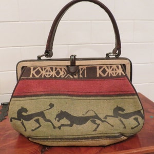Vintage Obscure 60&#39;s Linen & Leather Handbag Petroglyph style Art Made in Italy *Unused* Boho Purse