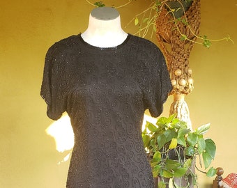 Vintage 1980s Beaded Dress LBD Little Black Dress Beaded Dress 80's Fashion 100% Silk