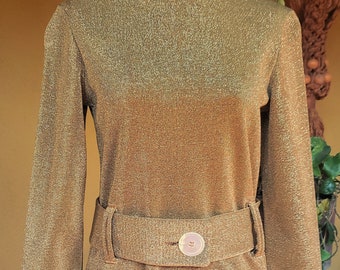 Incredible Rare Perfect Rudi Gernreich 70s Gold Shimmer Top Tunic Belted Mod Metallic Knit
