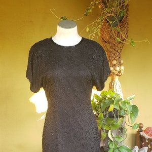 Vintage 1980s Beaded Dress LBD Little Black Dress Beaded Dress 80&#39;s Fashion 100% Silk