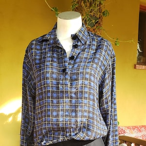 Vintage Beautiful 1980s Miss O by Oscar de la Renta Silk Blouse Plaid Blue Black Gold Designer Top