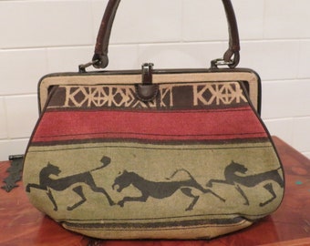 Vintage Obscure 60&#39;s Linen & Leather Handbag Petroglyph style Art Made in Italy *Unused* Boho Purse