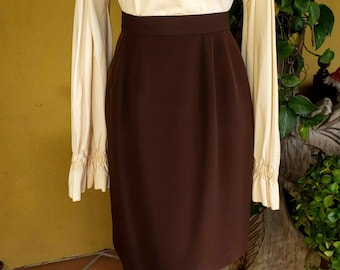 Vintage Brown 100% Silk Pencil Skirt 1980s