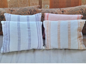 Set of 4 Handmade Linen Cushions, Primitive, Simple, Plaid Purple, Plaid Orange