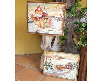 Vintage Paint by Numbers Painting - Framed Snowy Country Scenes with Red Buildings