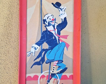 Vintage Framed Paint by Numbers Wall Art - Clown on Unicycle - Funky Folk Art, Circus, Nursery, Kids Room, Vintage Kitsch