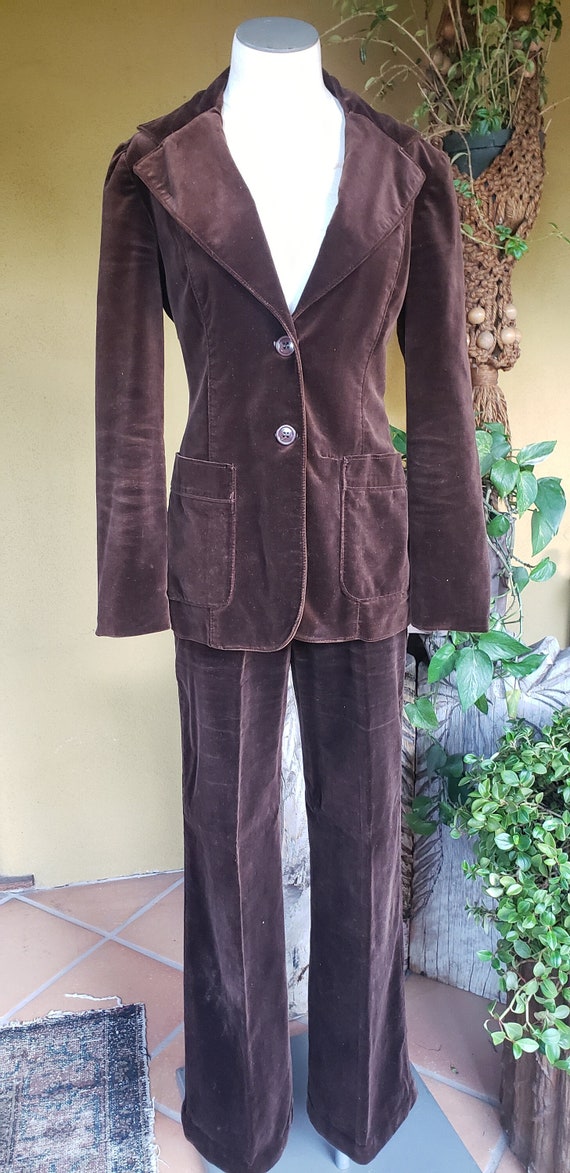 Vintage 70's Brown Velvet Pant Suit Dark Academia… - image 3