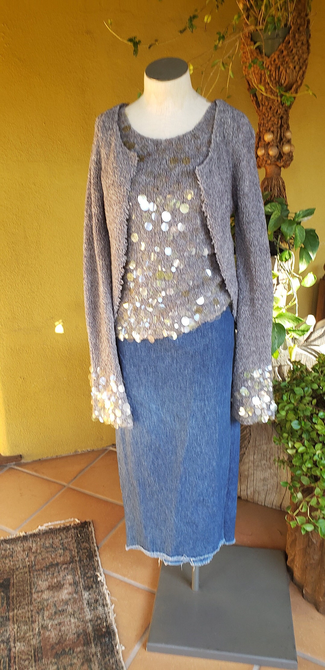 Jupe Oscar De La Renta - Soie Noire Marine à Paillettes Brodées, Taille XS/S - Neuve Avec étiquettes