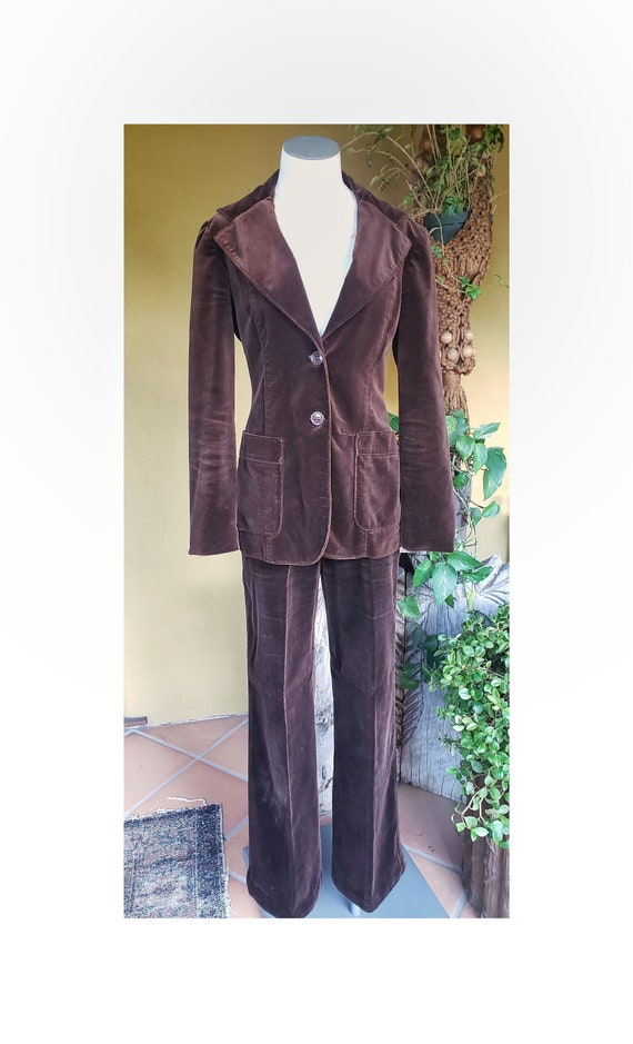 Vintage 70's Brown Velvet Pant Suit Dark Academia… - image 1
