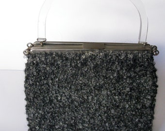 Cool Vintage 1960s 3 in 1 Handbag, Reversible, Interchangeable, Lucite Handle, Wool, Satin, Taffeta