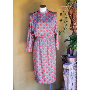 Vintage 1980&#39;s Silk Dress Checkered - Red, Black & White, Gold, Funky shoulders, long sleeves
