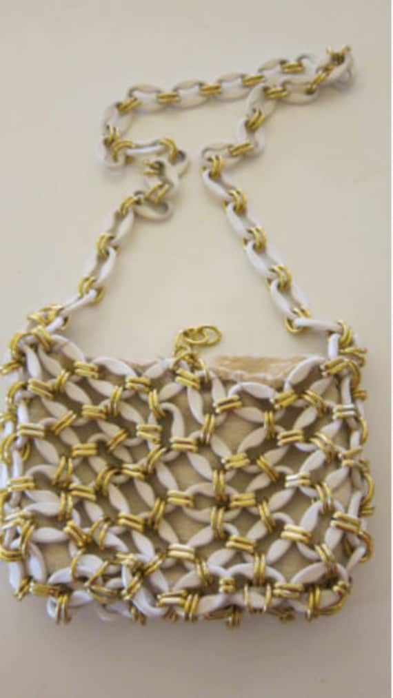Vintage Mod White Plastic and Brass Link Handbag … - image 1