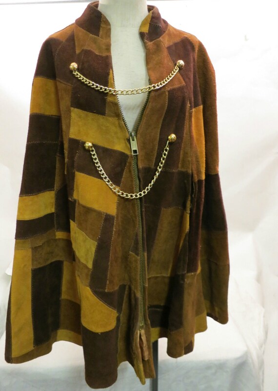 Vintage Patchwork Poncho Suede Mod Retro Cape Bohe