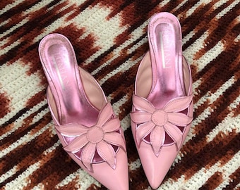 VTG 90s Lumiani Pink leather pointed toe kitten heels mules pumps flower floral EUR 38