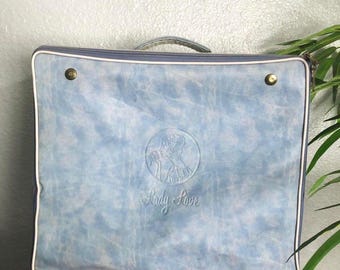 Vintage Blue Travel Box Luggage Hat Box Carry On Case Retro Square Suitcase MCM Lady Love Brass Hardware