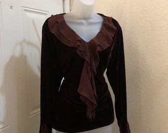 Y2K Gothic Whimsygoth Fairy Brown velvet long flare bell sleeve top shirt blouse ruffle neckline sleeves #boho #country #western
