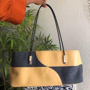 90s/2000s Y2K Vintage Office Siren patchwork checkered rectangular boxy shoulder hand bag purse cream tan beige navy blue denim silver tone