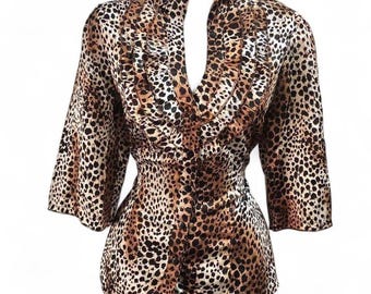 Y2K Whimsygoth Baddie 2000s Leopard Cheetah Office Siren shirt top blouse ruffle fitted silky button up down V cleavage neckline 3/4 sleeve